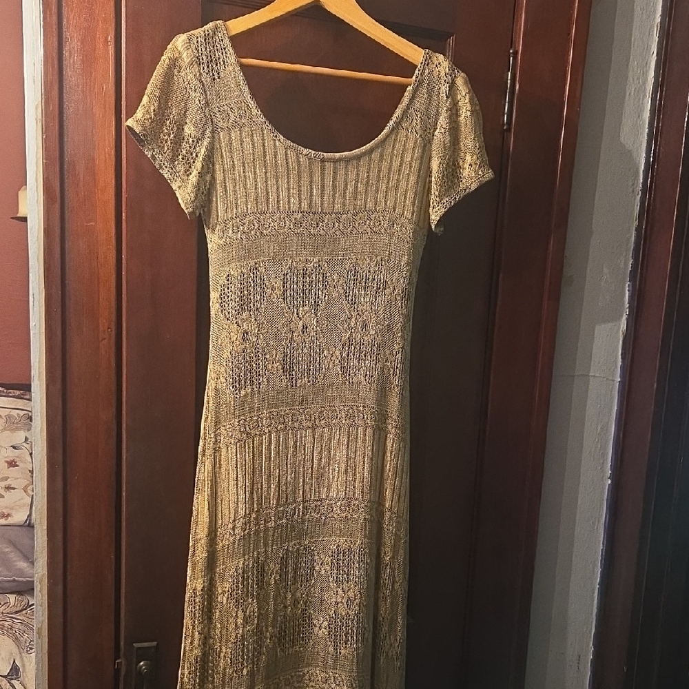 Vintage gold knit, fully lined maxi dress .